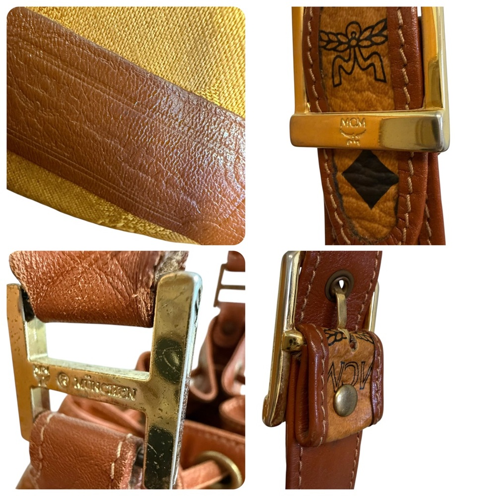 MCM München Cognac Visetos Drawstring Bucket Bag Vintage Leather Trim Crossbody - Picture 9 of 14